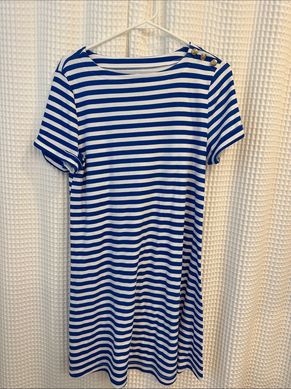 Blue and White Striped Short Sleeve Dress with Shoulder Buttons